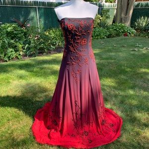 Black and Red Ombré Beaded Evening Gown
